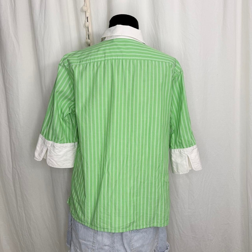 Lauren Ralph Lauren Green Striped Contrast Cuff Button-Up Shirt- L - Picture 3 of 8